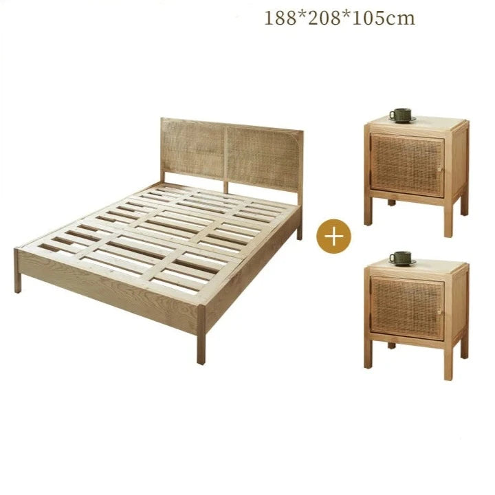 Wabi-Sabi Ash Wood Rattan Bed