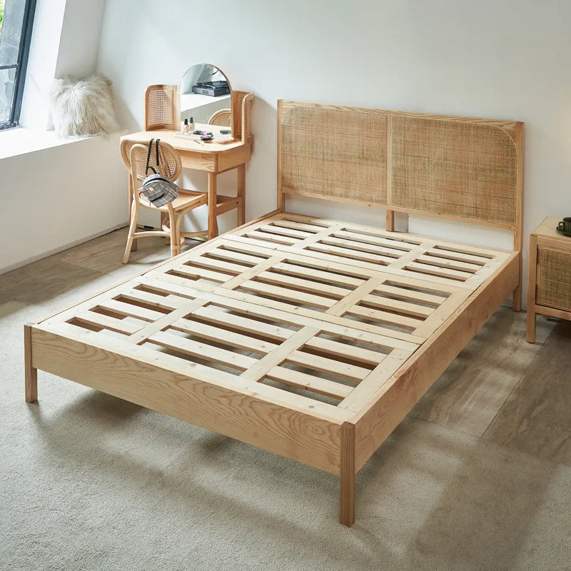 Wabi-Sabi Ash Wood Rattan Bed